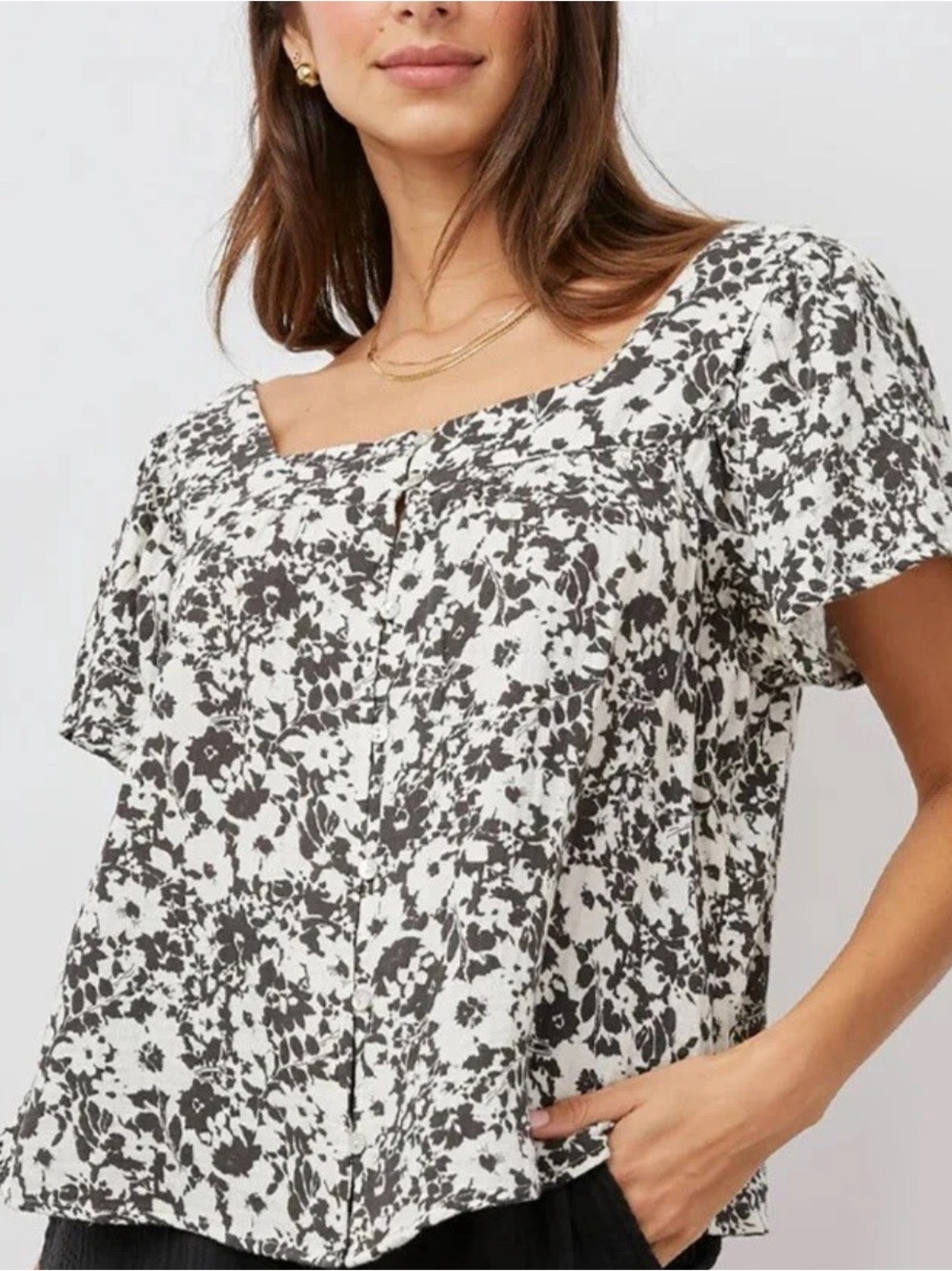 Rails Magnolia Top Camo Floral Black White Flutter Sleeve Top L